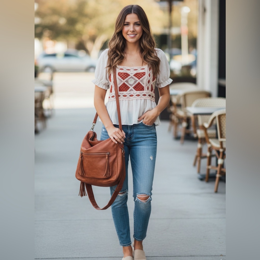Rebellion Again embroidered sheer Boho knit sheer  blouse.